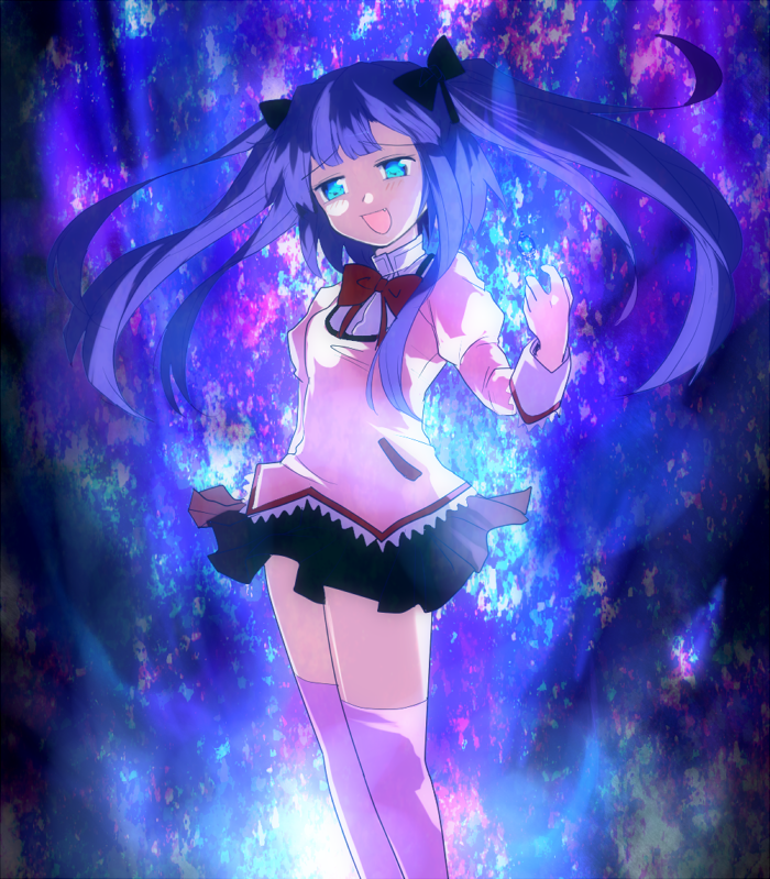 blue_eyes, blue_hair, bow, cosplay, cross_over, crossover, fang, furudo_erika