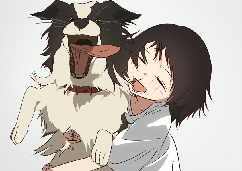 1girl, :d, animal, animal_hug, black_hair, blush, chappy_(takopii_no_genzai), closed_eyes