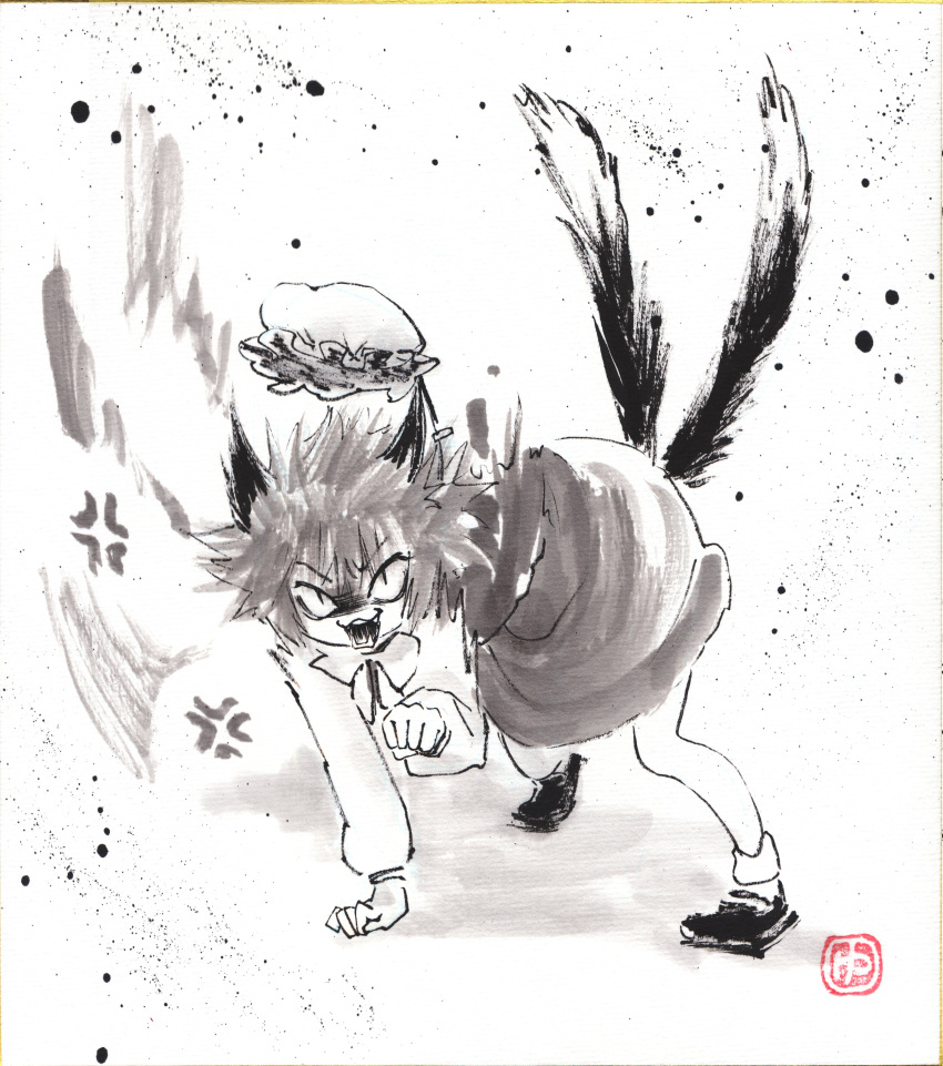 absurdres, all_fours, anger_vein, animal_ear_piercing, animal_ears, black_shoes, cat_ears, cat_tail