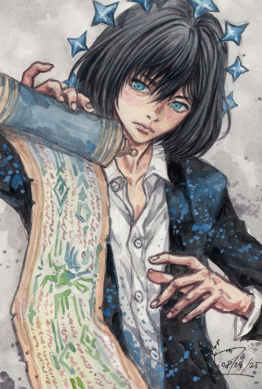 1boy, absurdres, black_hair, black_jacket, blue_eyes, dominic_ian_cabatit, fate/grand_order, fate_(series)