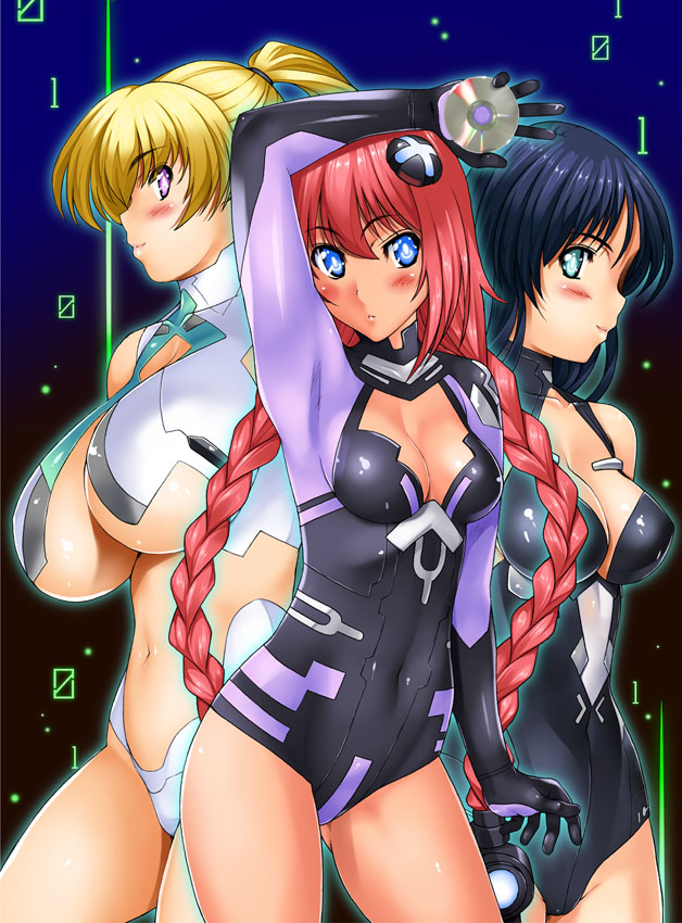 aqua_eyes, black_hair, black_heart, black_heart_(cosplay), blonde_hair, blue_eyes, braid, breasts