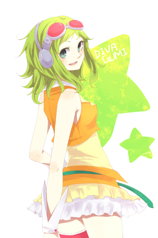 artist_request, bare_shoulders, buttons, detached_sleeves, goggles, green_eyes, green_hair, gumi