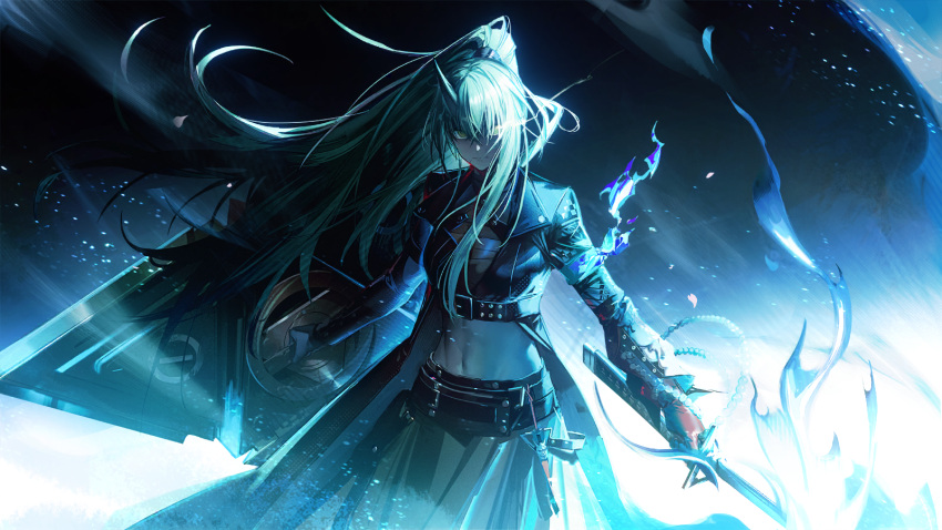 1girl, angry, arknights, armband, artist_request, blue_fire, coat, eye_trail
