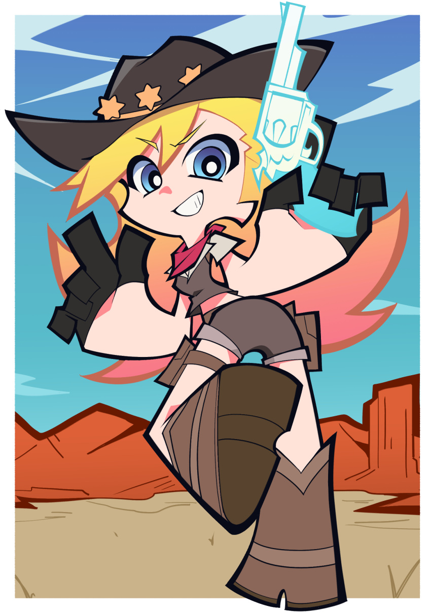 1girl, blonde_hair, blue_eyes, boots, cowboy_boots, cowboy_hat, cowgirl_(western), full_body