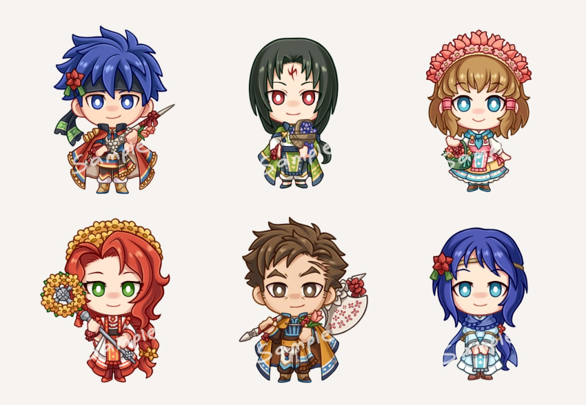 3boys, 3girls, axe, basket, birusabi, black_hair, blue_eyes, blue_hair