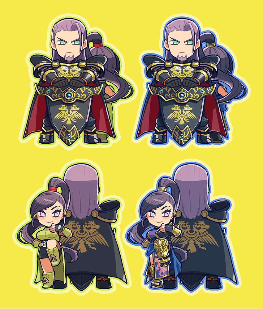 1boy, 1girl, aqua_eyes, arm_guards, armor, asymmetrical_bangs, back-to-back, belt