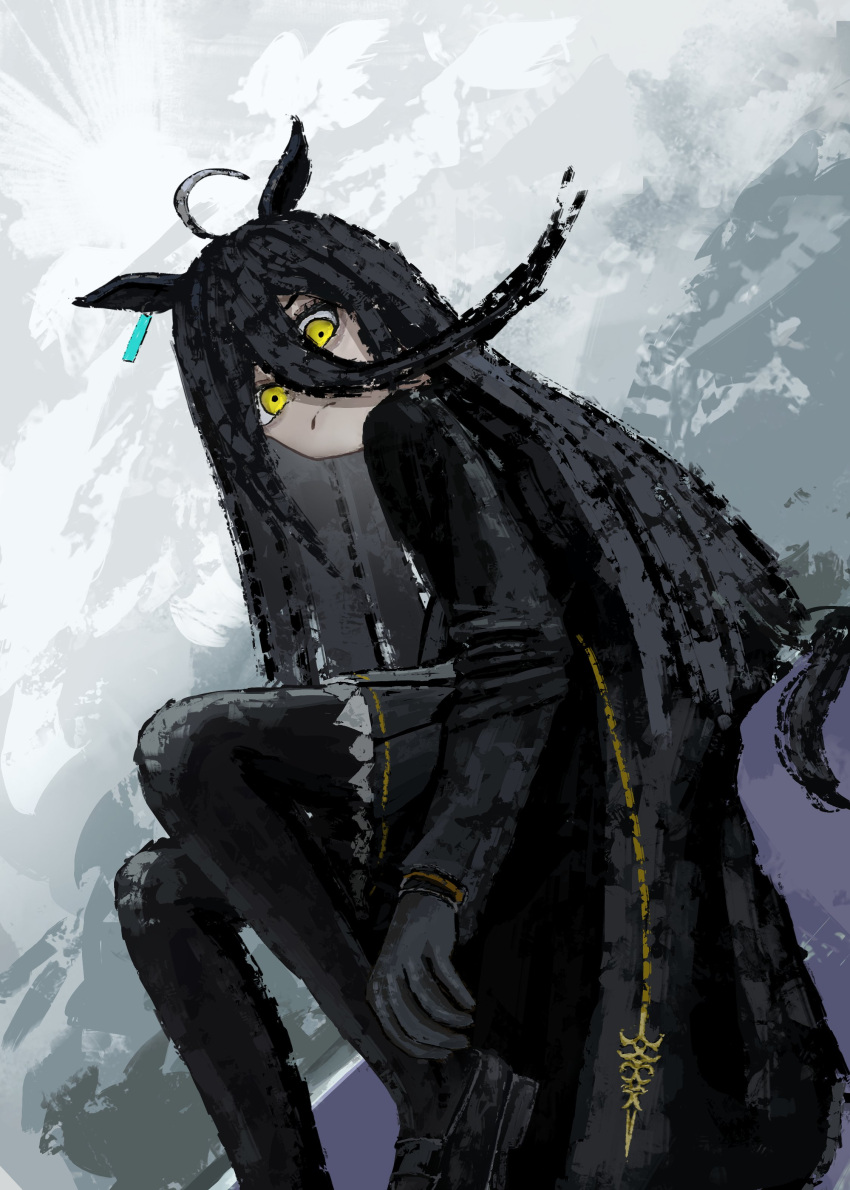 1girl, absurdres, ahoge, animal_ears, black_coat, black_gloves, black_hair, black_pantyhose