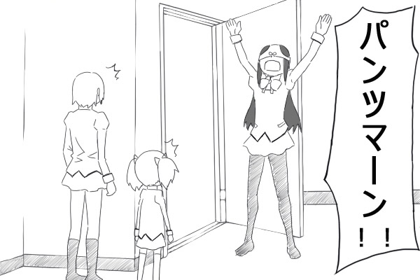 akemi_homura, hair_ribbon, kaname_madoka, kneehighs, long_hair, mahou_shoujo_madoka_magica, miki_sayaka, monochrome