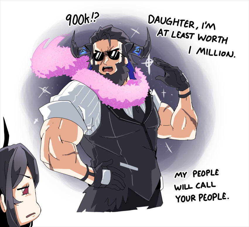 beard, black_hair, black_vest, demon_horns, english_text, facial_hair, fur_scarf, gloves