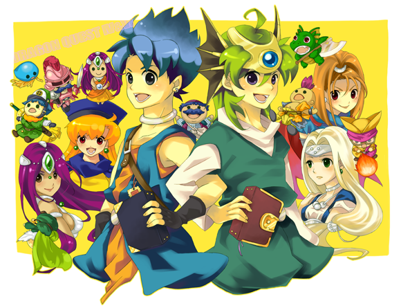 2boys, 4girls, :d, ahoge, alena_(dq4), aqua_tunic, axe, barbara_(dq6)