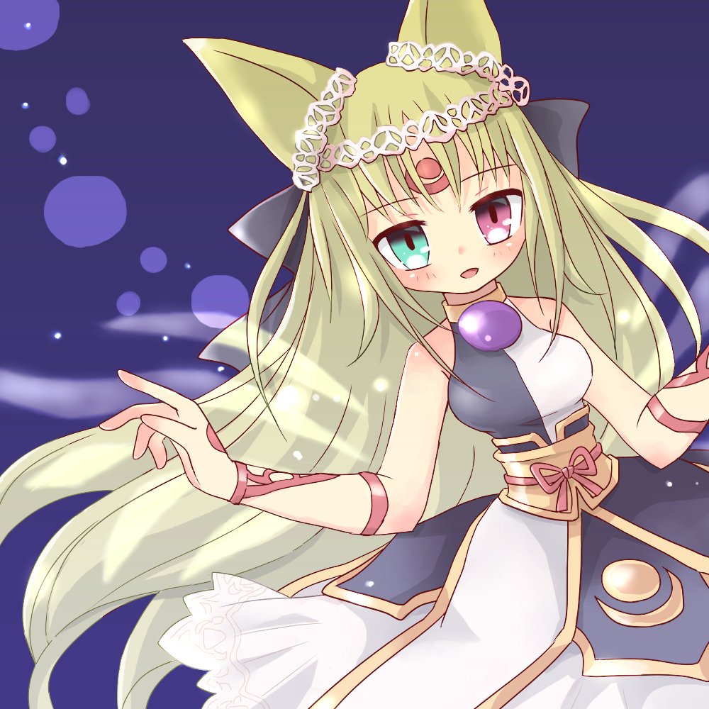 1girl, animal_ears, arm_ribbon, black_dress, black_ribbon, blonde_hair, blue_eyes, body_markings, dress, emil_chronicle_online, hair_ribbon, heterochromia, kurosaki_yomi, long_hair, red_eyes, red_ribbon, ribbon, shugoma_uruu, sleeveless, sleeveless_dress, two-tone_dress, white_dress