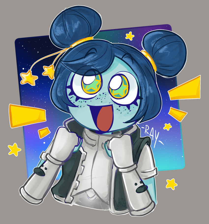 1girl, :d, absurdres, blue_hair, blue_skin, clenched_hands, colored_skin, cropped_jacket