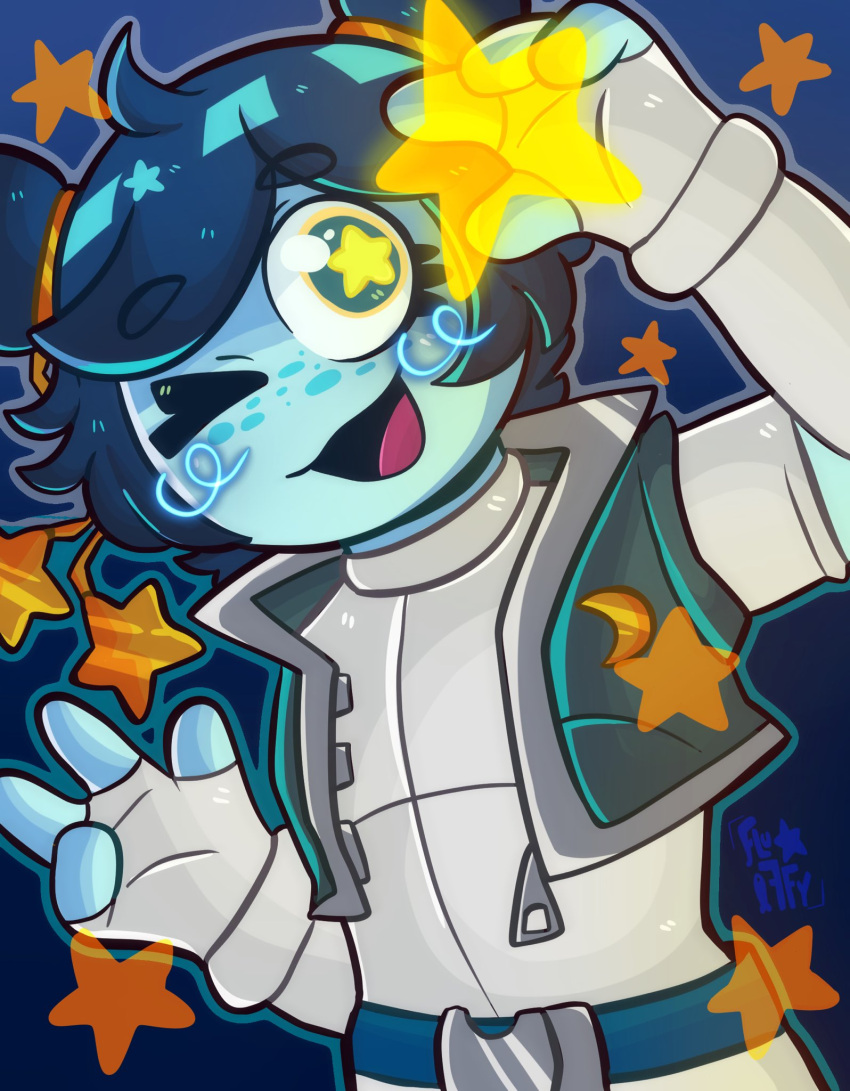 1girl, :d, belt, blue_background, blue_hair, blue_skin, colored_skin, crescent