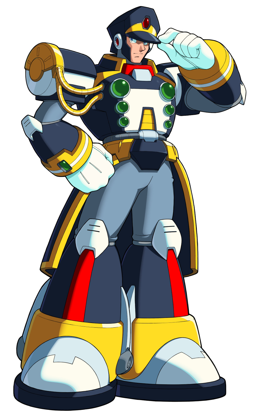 absurdres, adjusting_clothes, adjusting_headwear, android, armor, black_armor, black_helmet, blue_eyes
