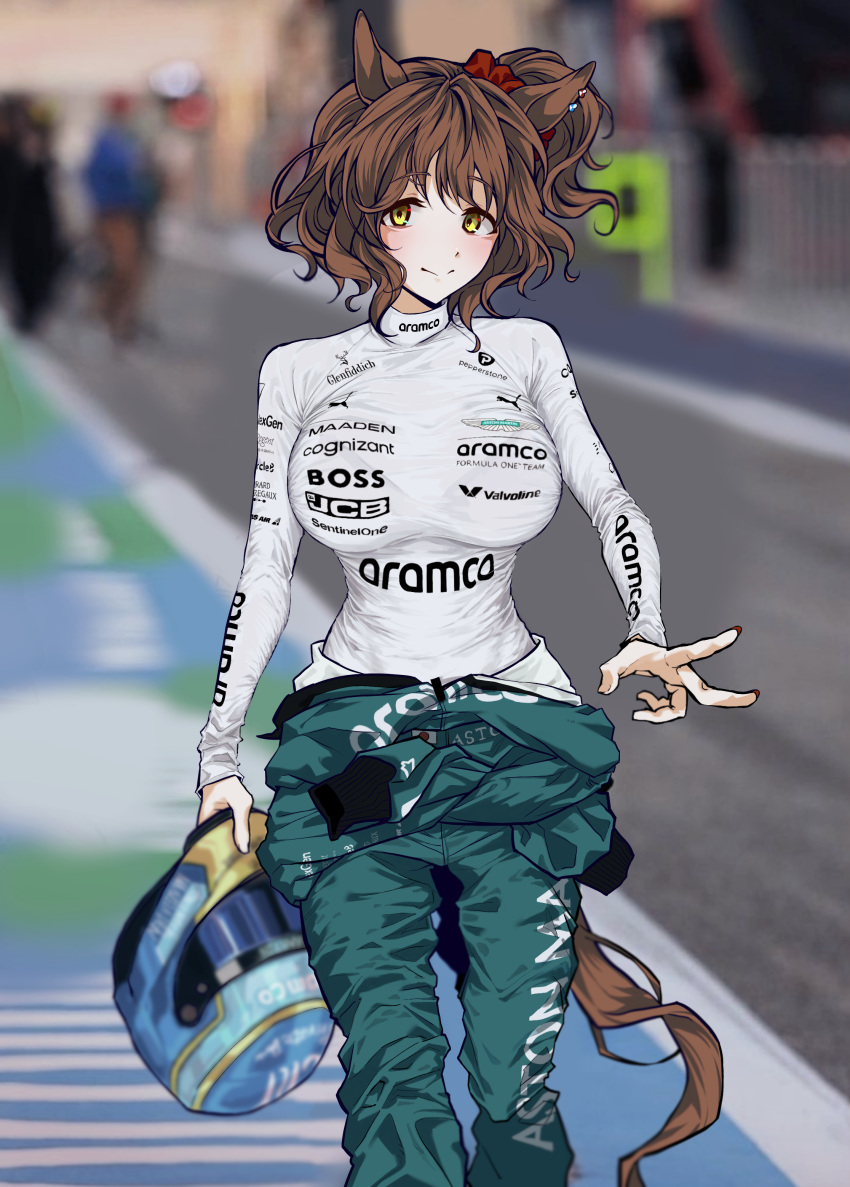 absurdres, alternate_costume, animal_ears, aston_machan_(umamusume), blurry, blurry_background, formula_one, hair_ornament