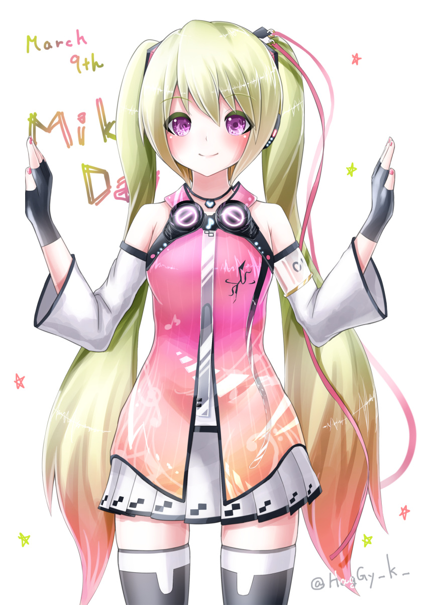 1girl, aqua_eyes, blonde_hair, blue_eyes, boots, detached_sleeves, fingerless_gloves, freely_tomorrow_(vocaloid), gloves, haggy, hatsune_miku, hatsune_miku_(star_voice), headset, highres, long_hair, looking_at_viewer, project_diva_(series), skirt, smile, solo, thigh-highs, thigh_boots, twintails, very_long_hair, vocaloid