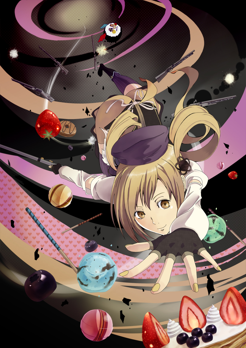 ass, bad_id, beret, blonde_hair, blueberry, boots, cake, candy