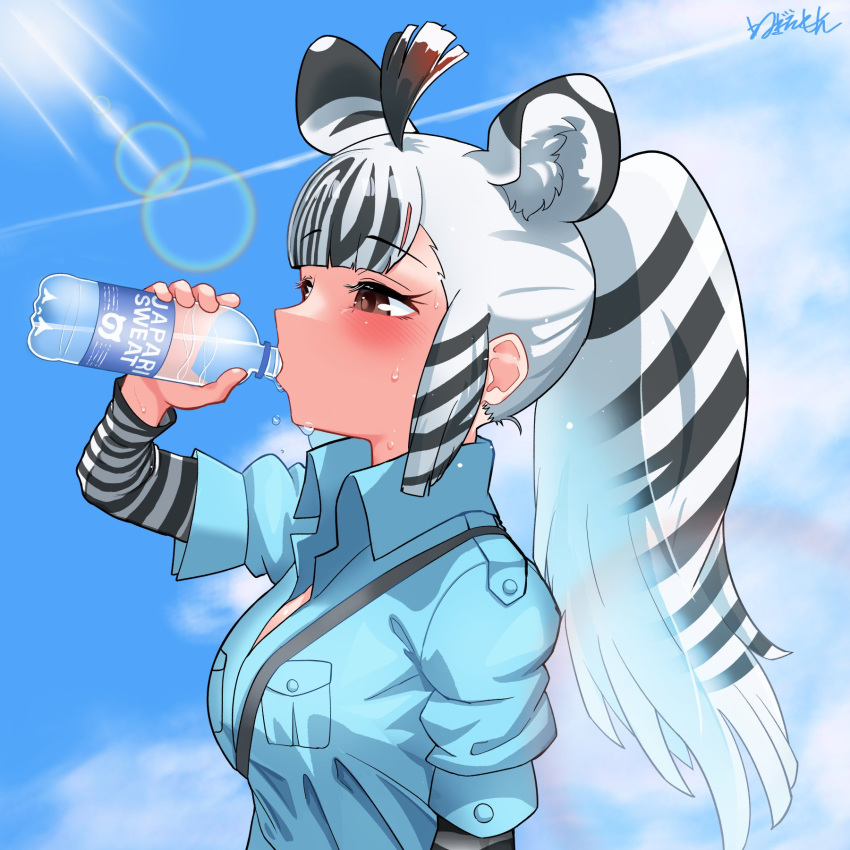 1girl, animal_ears, animal_print, black_hair, black_sleeves, blue_shirt, blush, bottle, brown_eyes, collared_shirt, drinking, extra_ears, grevy's_zebra_(kemono_friends), highres, kemono_friends, long_hair, long_sleeves, multicolored_hair, negi_e_mon, ponytail, print_sleeves, shirt, short_sleeves, solo, striped_sleeves, sweatdrop, t-shirt, two-tone_hair, two-tone_sleeves, upper_body, water_bottle, white_hair, white_sleeves, zebra_ears, zebra_girl, zebra_print