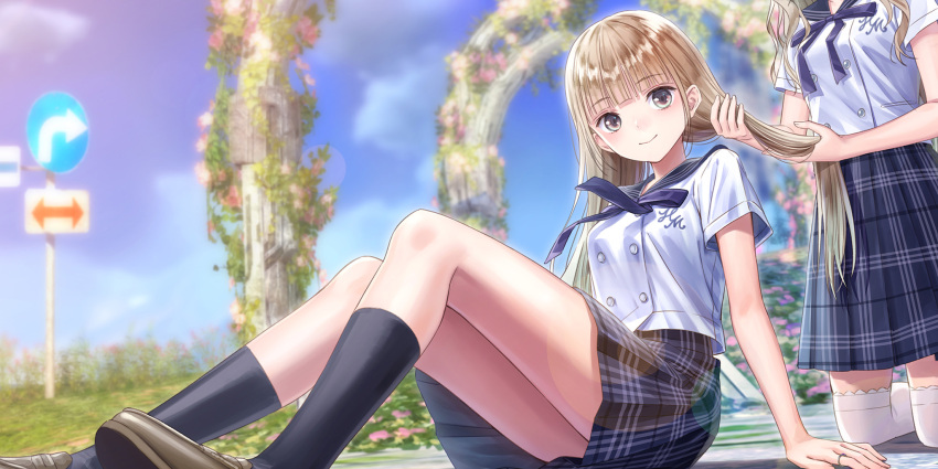 2girls, arch, arm_support, black_socks, blue_reflection_(series), blue_reflection_sun, blue_ribbon, blue_sailor_collar