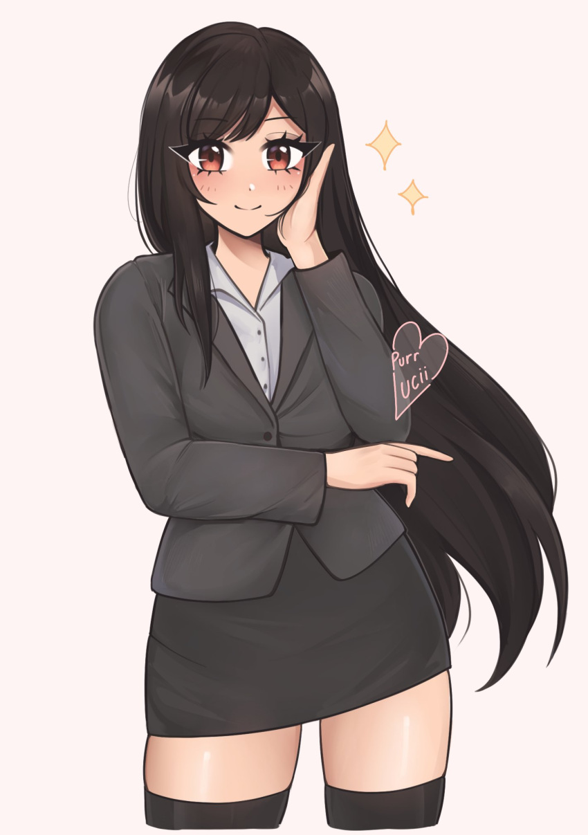 1girl, artist_name, black_hair, black_jacket, black_skirt, black_suit, blush, breasts