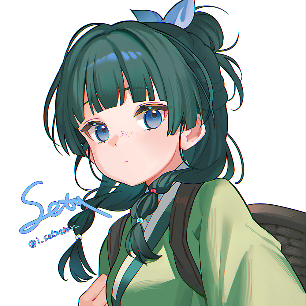 1girl, backpack_basket, beads, blue_eyes, blunt_bangs, bow, chinese_clothes, chromatic_aberration, freckles, green_hair, green_hanfu, green_robe, hair_beads, hair_bow, hair_bun, hair_ornament, hair_over_shoulder, hanfu, i_setastar, kusuriya_no_hitorigoto, looking_at_viewer, maomao_(kusuriya_no_hitorigoto), multi-tied_hair, robe, signature, white_background