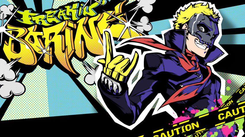 1boy, \m/, all-out_attack, artist_request, black_coat, blonde_hair, blue_background, caution_tape