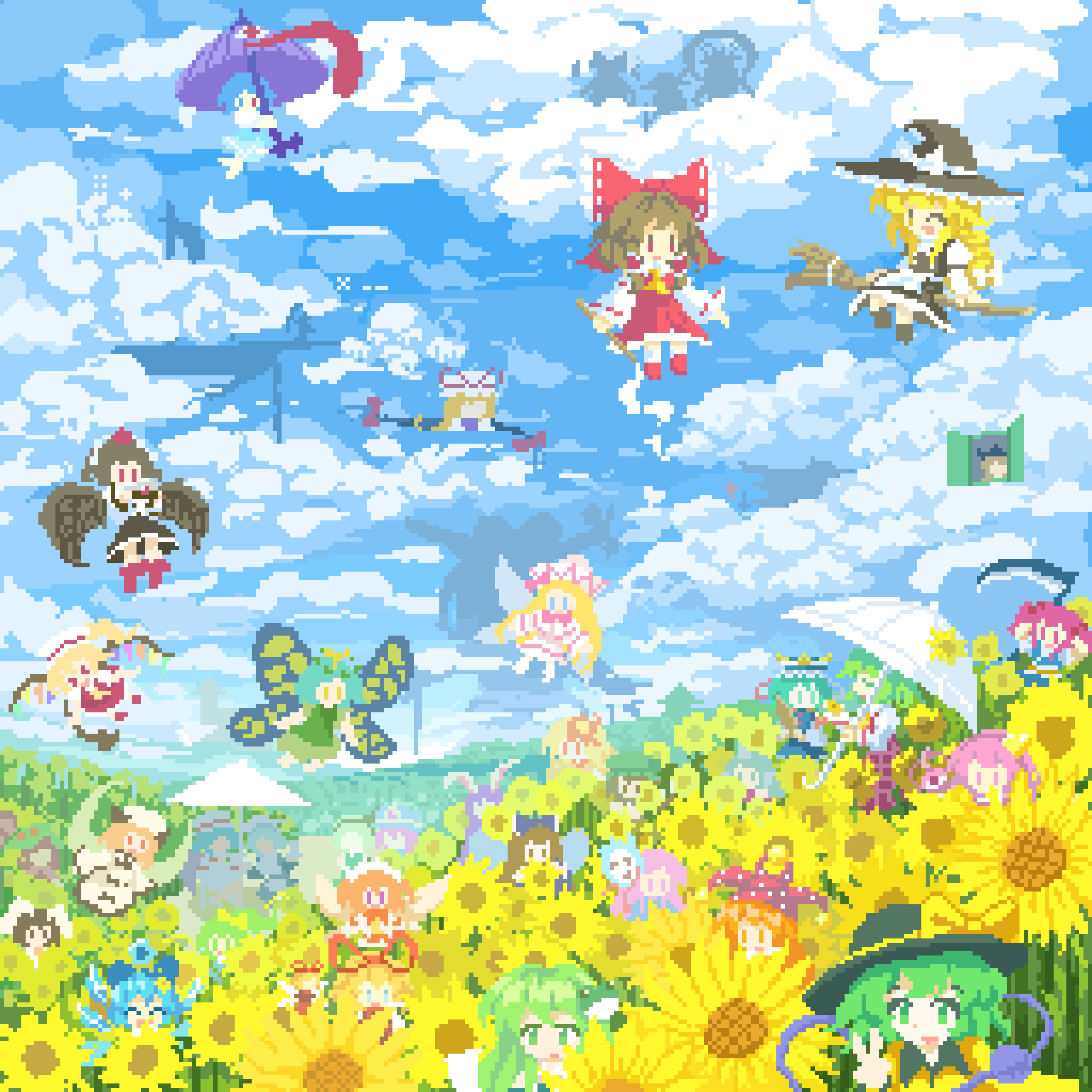 >_<, 02charaice20, 6+girls, absurdres, aircraft, airship, animal_ears, apron