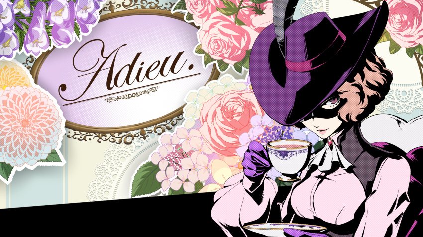 1girl, all-out_attack, artist_request, ascot, black_mask, brown_hair, colorful_background, cup