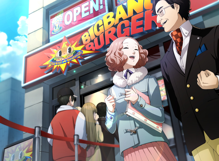 2girls, 3boys, artist_request, black_jacket, blue_coat, blue_sky, brown_hair, brown_pants, city, closed_eyes, clouds, coat, english_text, father_and_daughter, fluffy_hair, glasses, highres, jacket, long_sleeves, multiple_boys, multiple_girls, non-web_source, official_art, okumura_haru, okumura_kunikazu, open_mouth, outdoors, pants, persona, persona_5, persona_5_the_royal, pink_skirt, shirt, skirt, sky, smile, spoilers, white_shirt