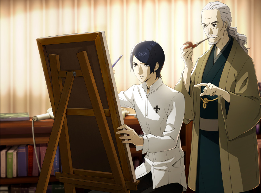 3boys, artist_request, beard, black_kimono, black_pants, blue_hair, book, brown_robe, canvas_(object), drawing_(action), facial_hair, grey_hair, highres, holding, holding_pencil, holding_smoking_pipe, indoors, japanese_clothes, kimono, kitagawa_yuusuke, long_sleeves, low_ponytail, madarame_ichiryuusai, multiple_boys, mustache, non-web_source, official_art, old, old_man, pants, pencil, persona, persona_5, persona_5_the_royal, ponytail, robe, shirt, smoking_pipe, spoilers, white_shirt