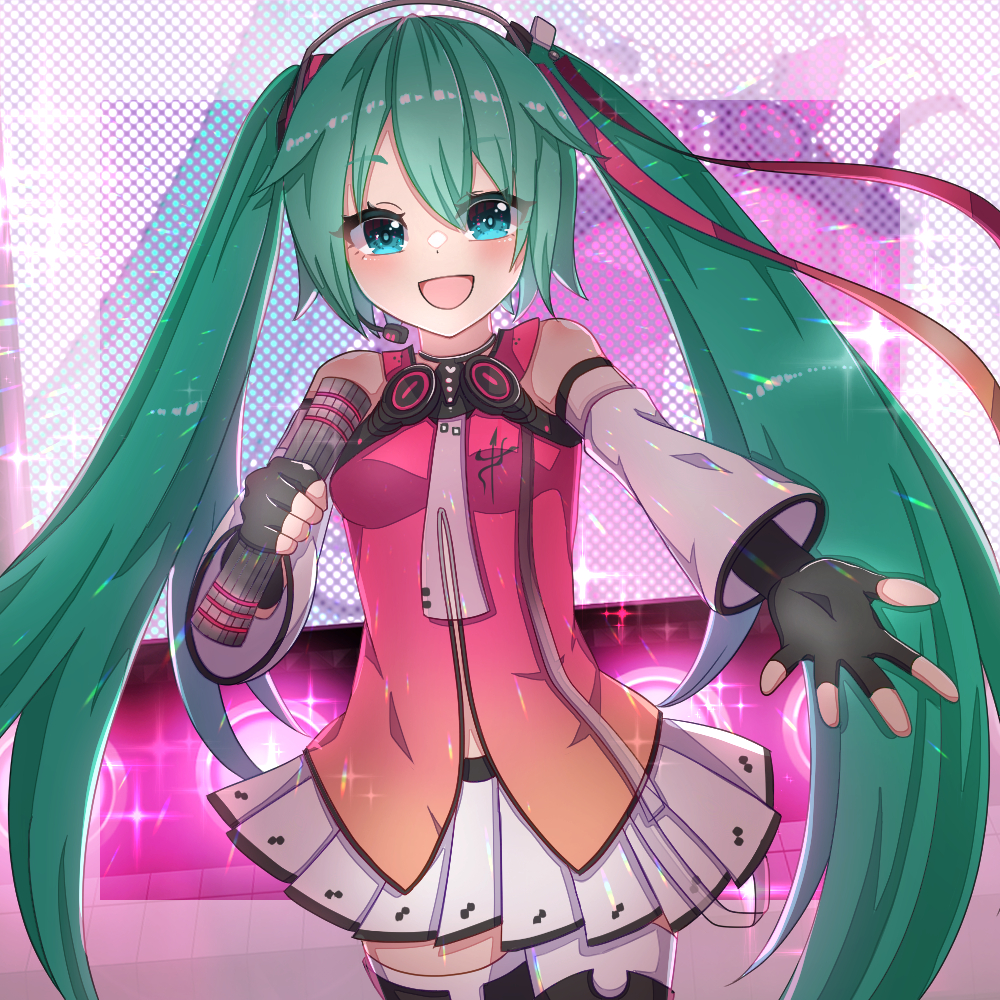 1girl, blue_eyes, detached_sleeves, fingerless_gloves, freely_tomorrow_(vocaloid), gloves, hair_ornament, hatsune_miku
