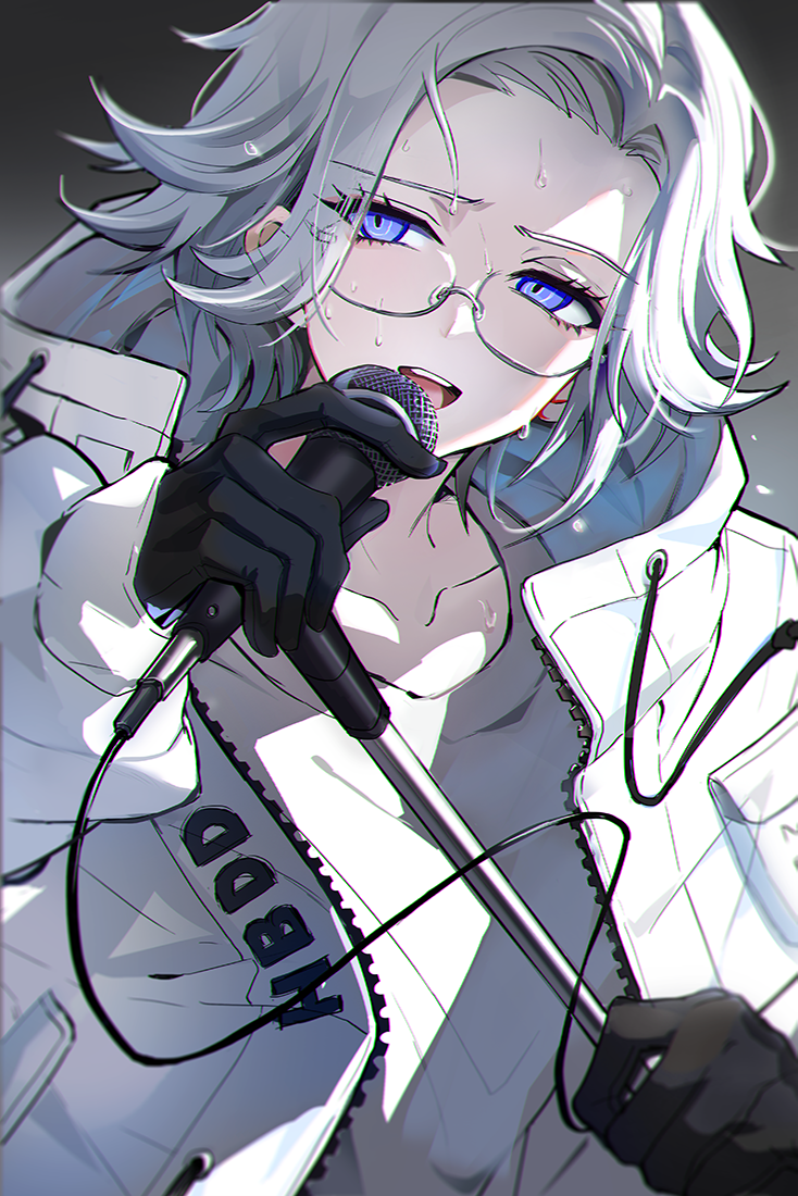1boy, aotsuki_eito, black_gloves, chinese_commentary, collarbone, glasses, gloves, grey_background