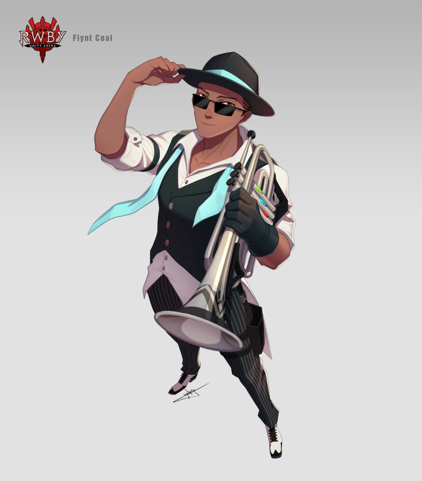 1boy, adjusting_clothes, adjusting_headwear, aqua_necktie, black_gloves, black_hat, black_pants, black_vest