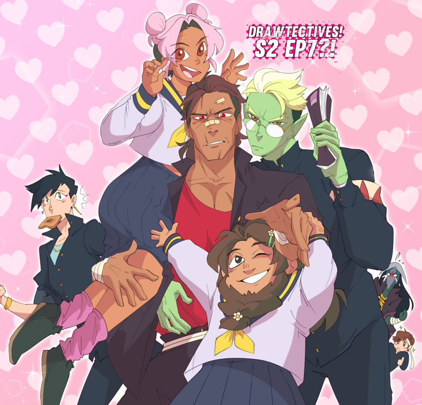 1girl, 1other, 5boys, alternate_universe, blush, double_bun, drawfee, drawtectives, dwarf, eugene_finch, glasses, grendan_highforge, gyorik_rogdul, hair_bun, highres, jacket, karina_farek, liticus_guysus, monster_boy, multiple_boys, muscular, muscular_male, optimus_amicus, orc, rose_(drawtectives), scar, school_uniform, serafuku, teeth, upper_teeth_only, villainius