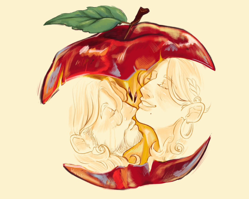 1boy, 1girl, :d, absurdres, apple, apple_core, appletrend, beard_stubble, commentary, english_commentary, facial_hair, food, fruit, greek_mythology, grin, hetero, highres, long_hair, looking_at_another, mole, mole_under_mouth, odysseus_(mythology), peacock_feathers_hair_ornament, penelope_(mythology), portrait, smile, stubble, superimposition, wayba3
