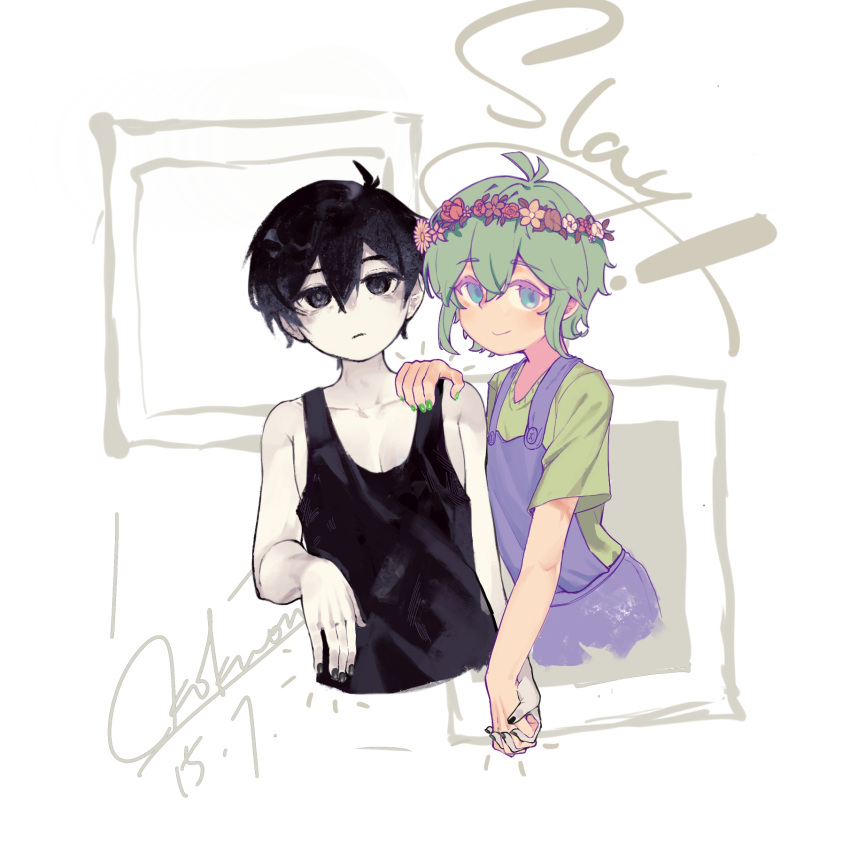 2boys, antenna_hair, basil_(headspace)_(omori), basil_(omori), black_eyes, black_hair, black_nails, black_tank_top