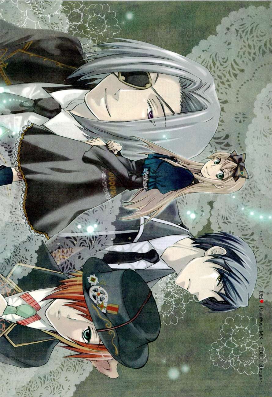 alice_liddell, bangs, black_hair, bow, brown_hair, dress, eyepatch, formal