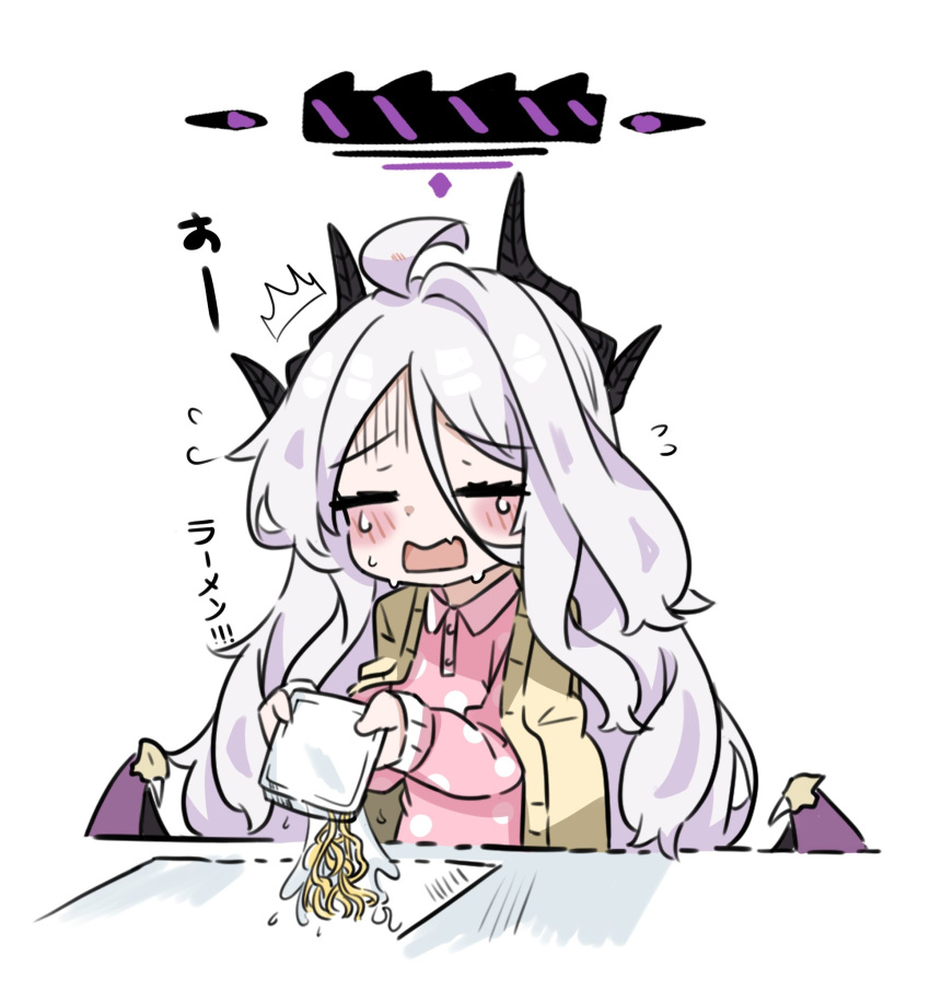 1girl, ^^^, ahoge, black_halo, blue_archive, blush, closed_eyes, coat