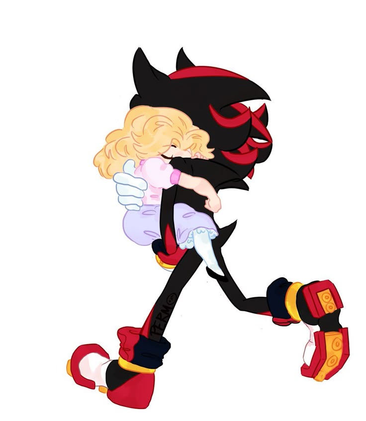 anthro, black_fur, blonde_hair, carrying, comfort, curly_hair, elizabe_(artist), female_child