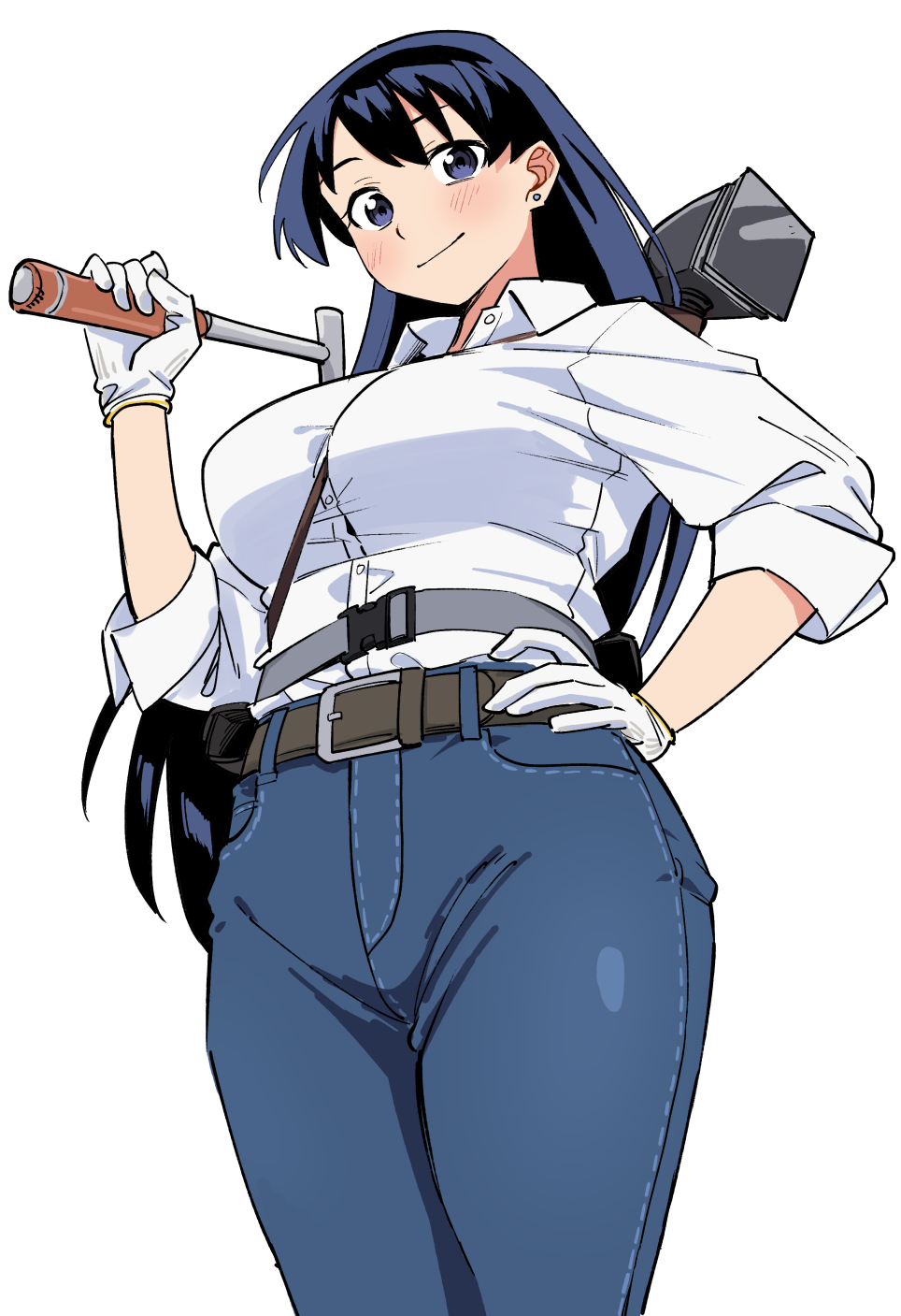 1girl, arato_nagi, belt, between_breasts, black_hair, blue_eyes, blue_pants, breasts, collared_shirt, commentary_request, cowboy_shot, denim, dress_shirt, earrings, gloves, hammer, hand_on_own_hip, highres, holding, holding_hammer, jeans, jewelry, large_breasts, long_hair, pants, ruri_no_houseki, shirt, shirt_tucked_in, smile, solo, strap_between_breasts, stud_earrings, takuji_yuusaku, white_gloves, white_shirt, work_gloves
