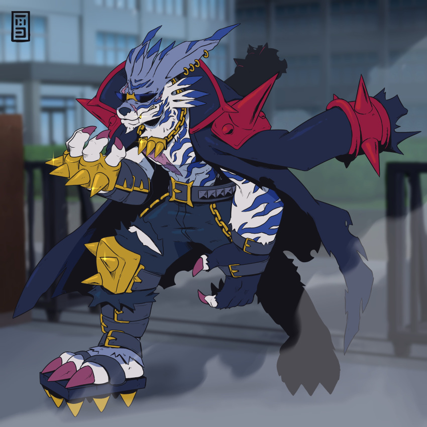 1boy, absurdres, addriano_divino, banchou, black_coat, black_hat, black_pants, blurry, blurry_background, brass_knuckles, chain, coat, coat_on_shoulders, delinquent, digimon, digimon_(creature), fangs, glint, hat, highres, knee_pads, male_focus, outdoors, pants, solo, spiked_kneepads, spiked_knuckles, sunglasses, weapon, weregarurumon, werewolf