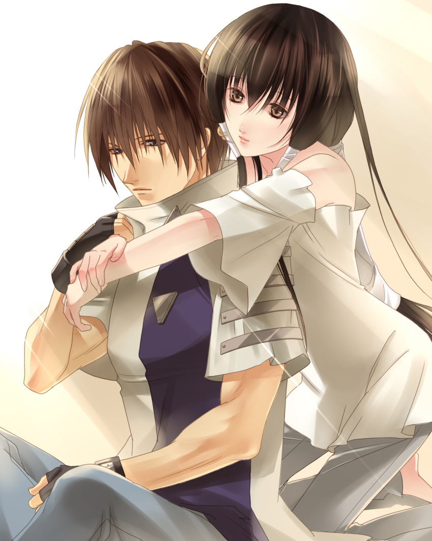 2guys, blue_eyes, brown_eyes, brown_hair, fuuchouin_kazuki, getbackers, gloves, highres, hug, kakei_juubei, long_hair, male, multiple_boys, pants, papillon10, trap