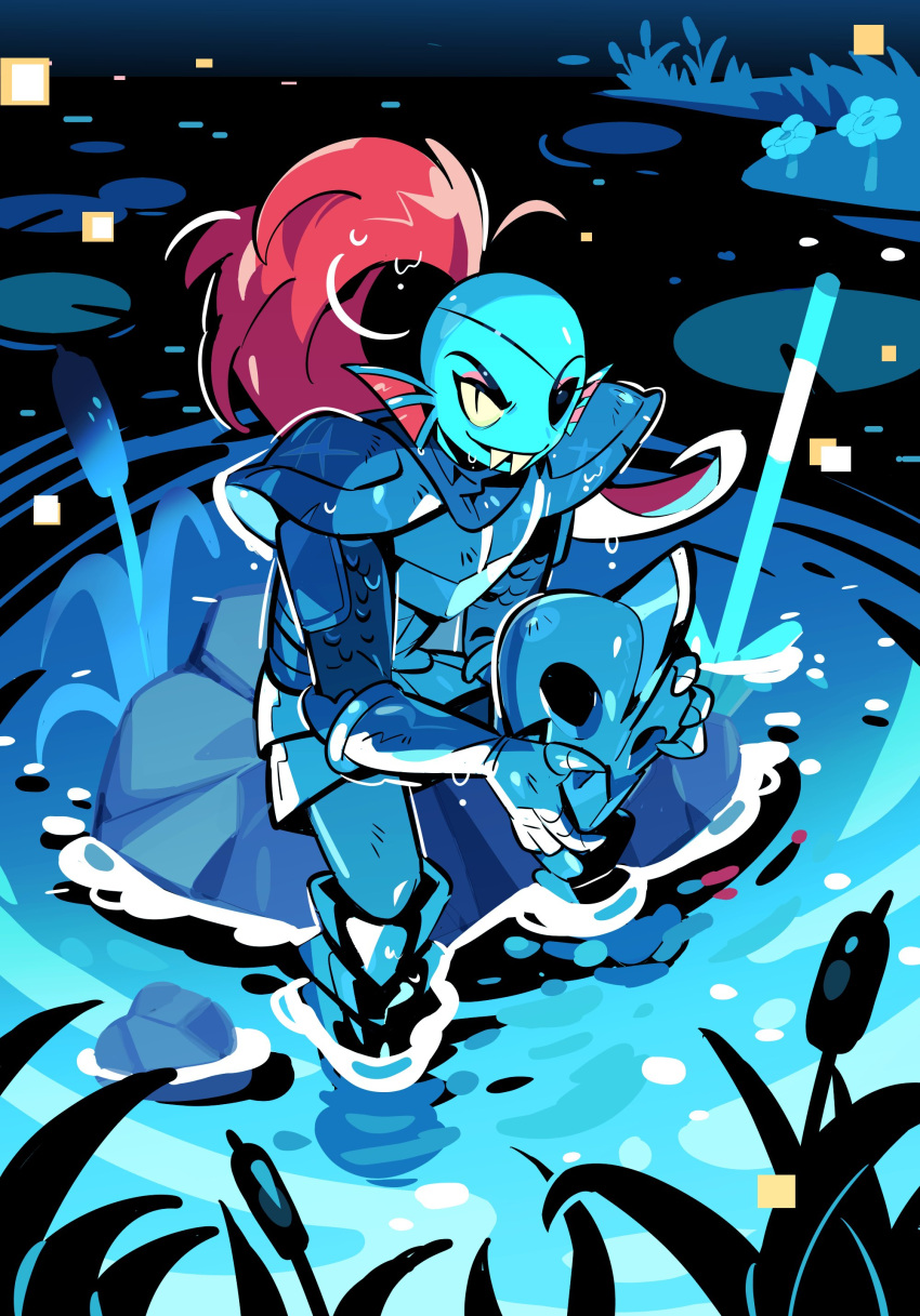 1girl, absurdres, armor, blue_flower, blue_skin, blue_theme, colored_skin, eyepatch, fins, flower, from_above, gogeyama, greaves, head_fins, helmet, highres, holding, holding_unworn_helmet, looking_at_viewer, on_rock, one_eye_covered, pauldrons, ponytail, red_hair, rock, shoulder_armor, sitting, slit_pupils, soaking_feet, solo, undertale, undyne, undyne_the_undying, unworn_headwear, unworn_helmet, water, water_drop
