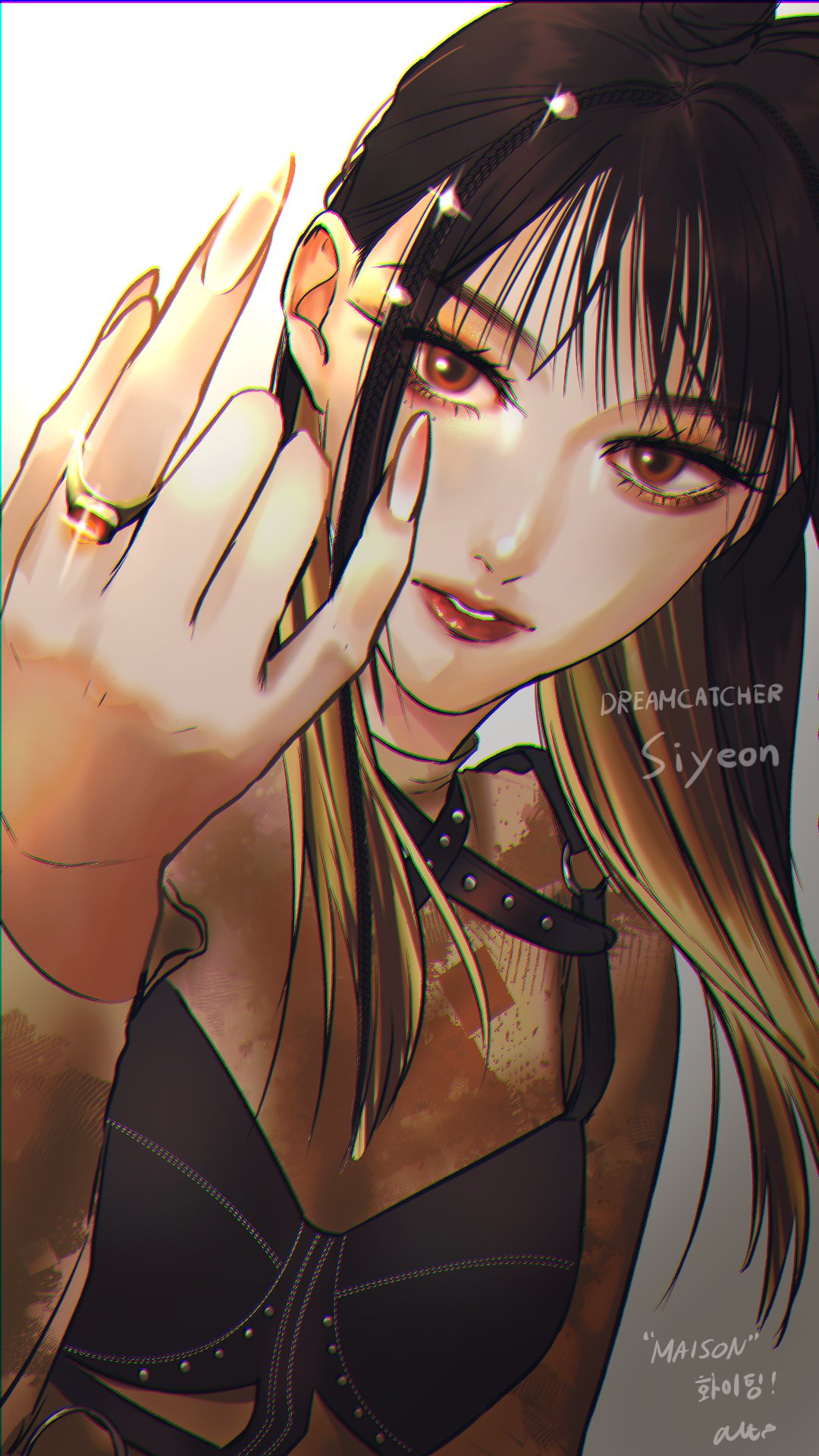 1girl, alt_o_ekaki, black_bra, black_hair, blonde_hair, bra, bra_over_clothes, braid