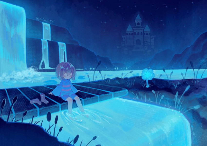 1other, absurdres, blue_flower, blue_sky, blue_theme, bridge, brown_hair, castle