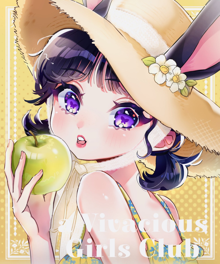 1girl, animal_ears, apple, black_hair, blush, butterfly-shaped_pupils, chemi_gurui, eunha_(gfriend), eyelashes, food, fruit, gfriend, green_apple, hat, highres, holding, holding_food, k-pop, open_mouth, pink_lips, rabbit_ears, real_life, solo, straw_hat, symbol-shaped_pupils, twintails, upper_body, violet_eyes, viviz