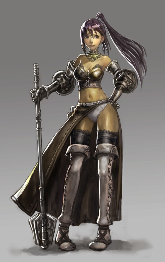 armor, bare_shoulders, black_hair, brown_eyes, bustier, docoi, lingerie, mace