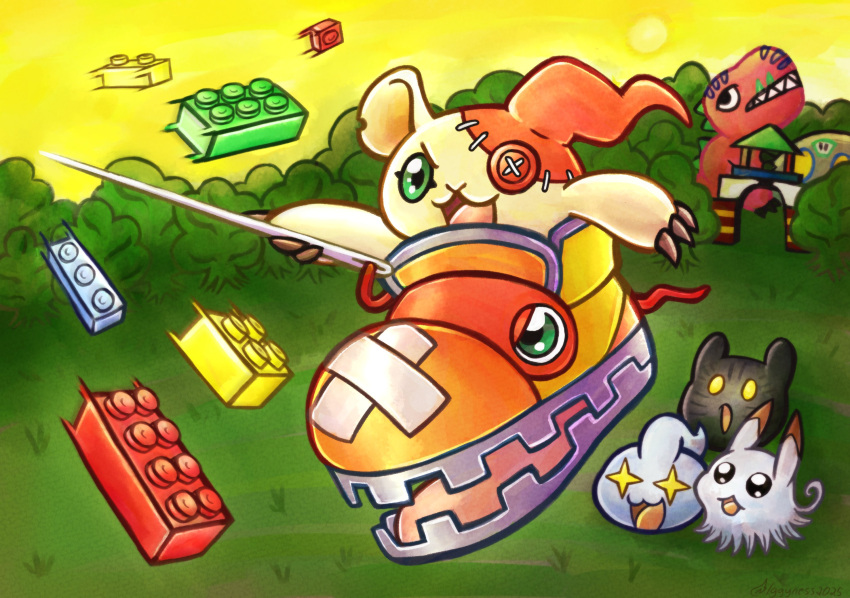 botamon, chicomon, digimon, digimon_(creature), ex-tyranomon, green_eyes, highres, holding_sewing_needle