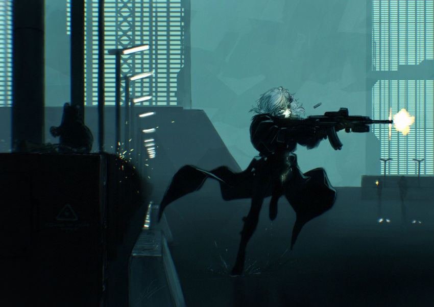 1girl, aiming, assault_rifle, casing_ejection, city, coat, cyberpunk, firing, gun, hair_ornament, hairclip, highres, holding, holding_gun, holding_weapon, marie_(peripeteia), mn90047517, muzzle_flash, night, peripeteia, rifle, running, shell_casing, short_hair, solo_focus, trench_coat, weapon, white_hair