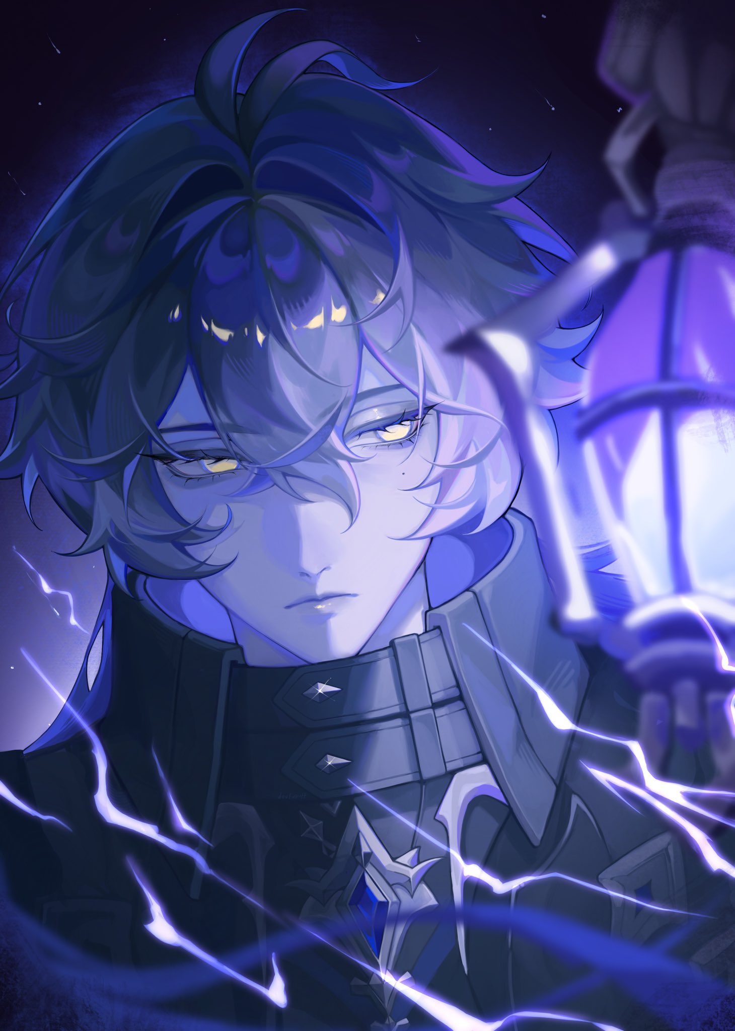 1boy, ahoge, antenna_hair, black_coat, black_gloves, blurry, closed_mouth, coat, collared_coat, curly_hair, depth_of_field, dou_(tori), electricity, english_commentary, flins_(genshin_impact), genshin_impact, gloves, glowing, glowing_eyes, gradient_hair, hair_between_eyes, high_collar, highres, holding, holding_lantern, huge_ahoge, lantern, leaning_to_the_side, long_hair, long_sleeves, looking_to_the_side, mole, mole_under_eye, multicolored_hair, shade, solo, standing, upper_body, yellow_eyes